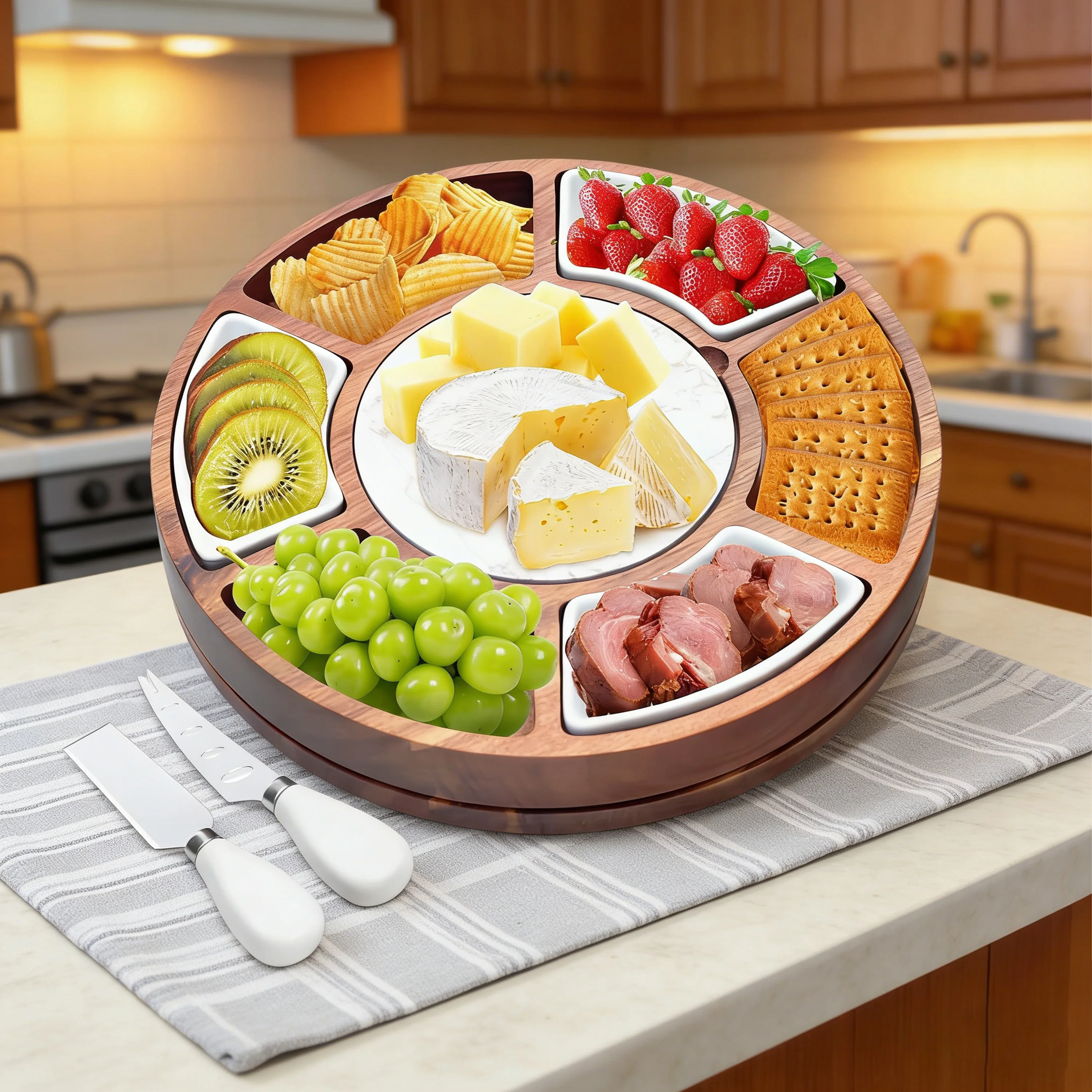 360 ° Rotating Round Fruit Vegetable Charcuterie Platter Cheese Presentation Board and Serving Tray With Cutlery Set