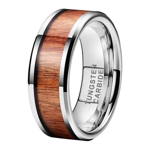 Coolstyle Jewelry 8mm Tungsten Carbide Ring for Men Women Engagement Wedding Band Koa Wood Inlay Beveled Edges Comfort Fit
