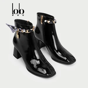 Women's Fashion Designer High Heels Boots Lacquer Leather Fur Square Toe Warm Winter High Top Zip Height Increasing Ankle Bootie