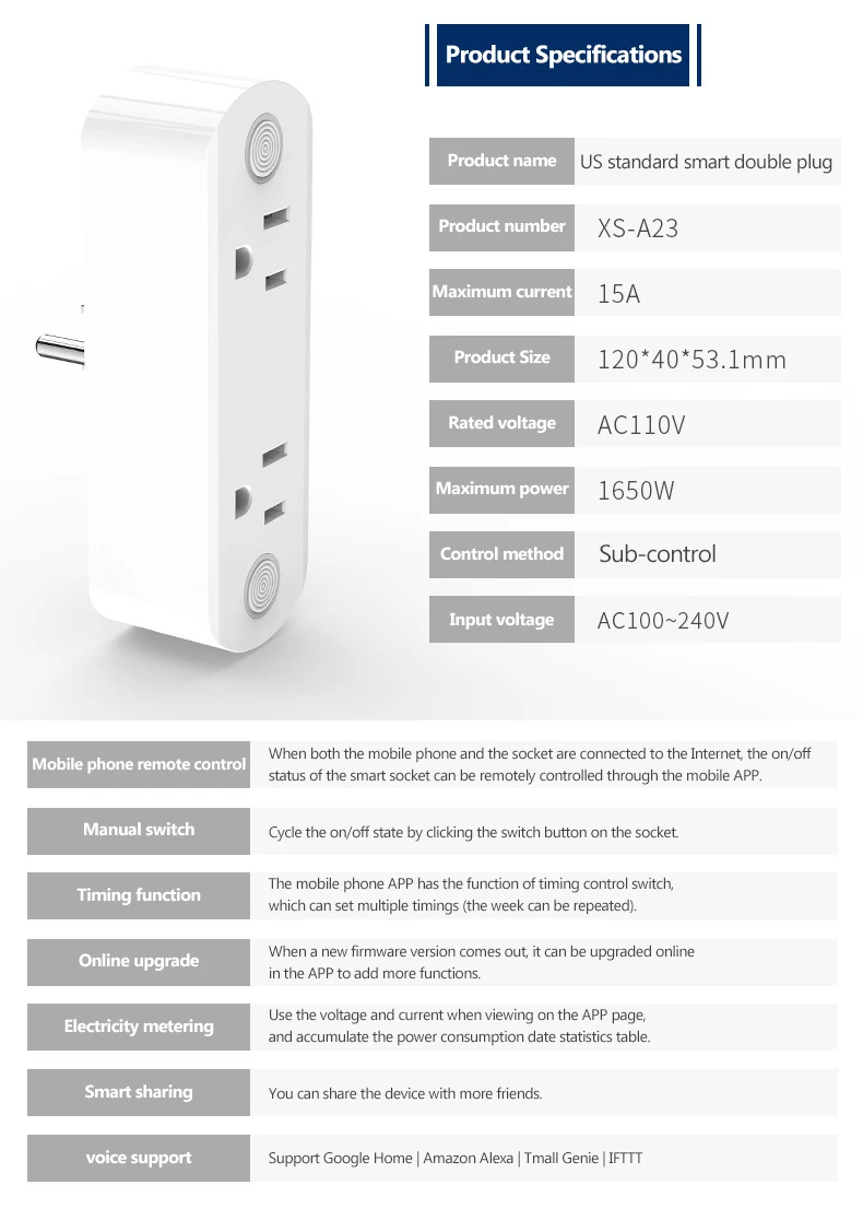 2 in 1 US standard separately control alexa google wall Timer function 16A wifi universal smart plug for for aircon