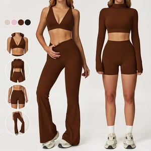 Custom Logo 4 Piece Workout Yoga Sets Quick Drying Yoga Top Leggings Naked Feeling Skin Friendly Soft Elastic Tight Gym Sets