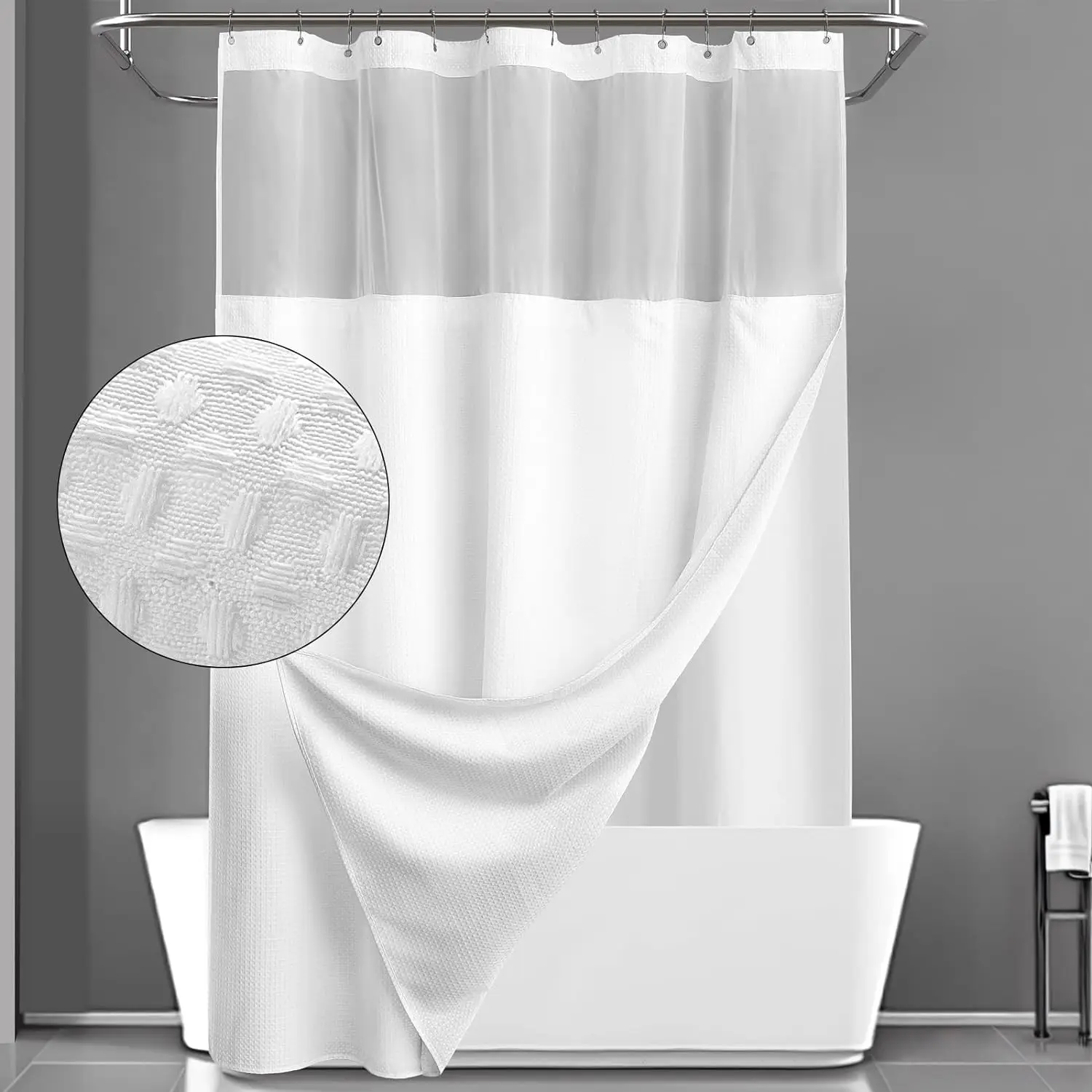 Luxury Hotel Waffle Polyester Fabric Hookless Shower Curtain Waterproof