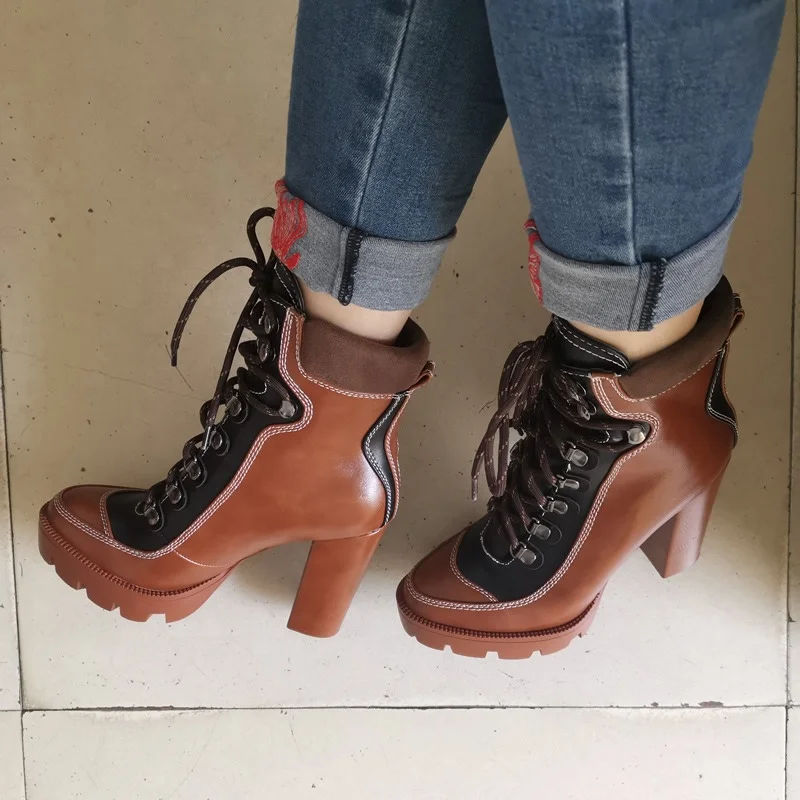 High Top Color Block PU Upper Platform Round Toe Women Ankle Boots Fashion Lace up Chunky High Heel Short Booties for Ladies