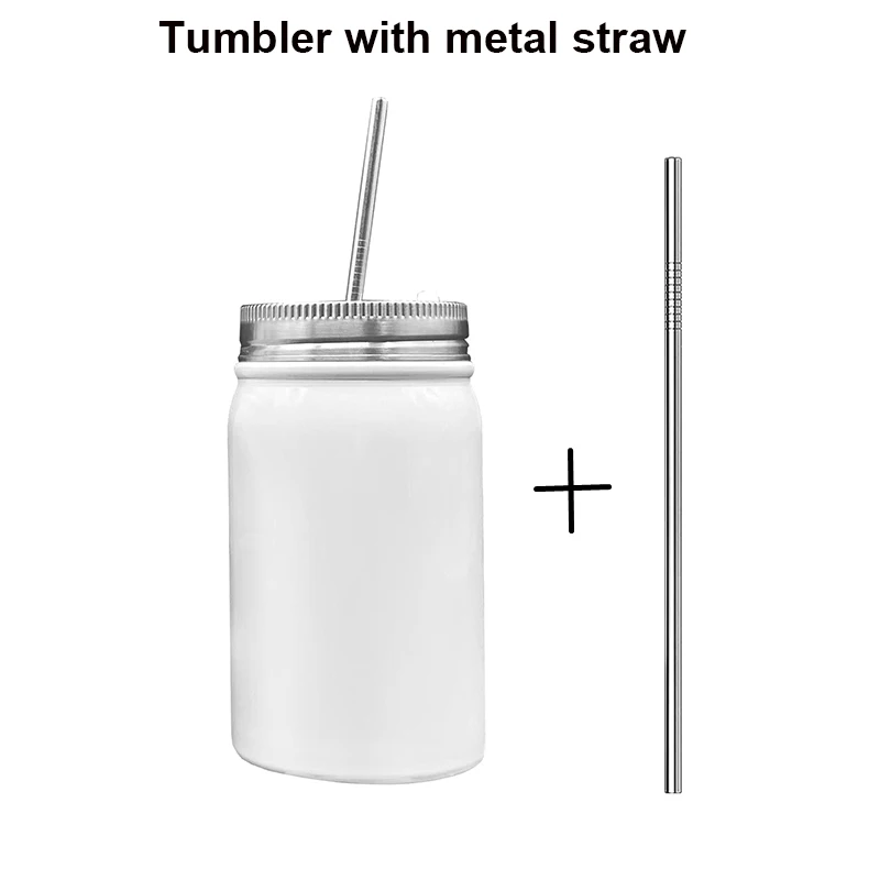 17oz White Stainless Steel Mason Jar with Lid and Straw