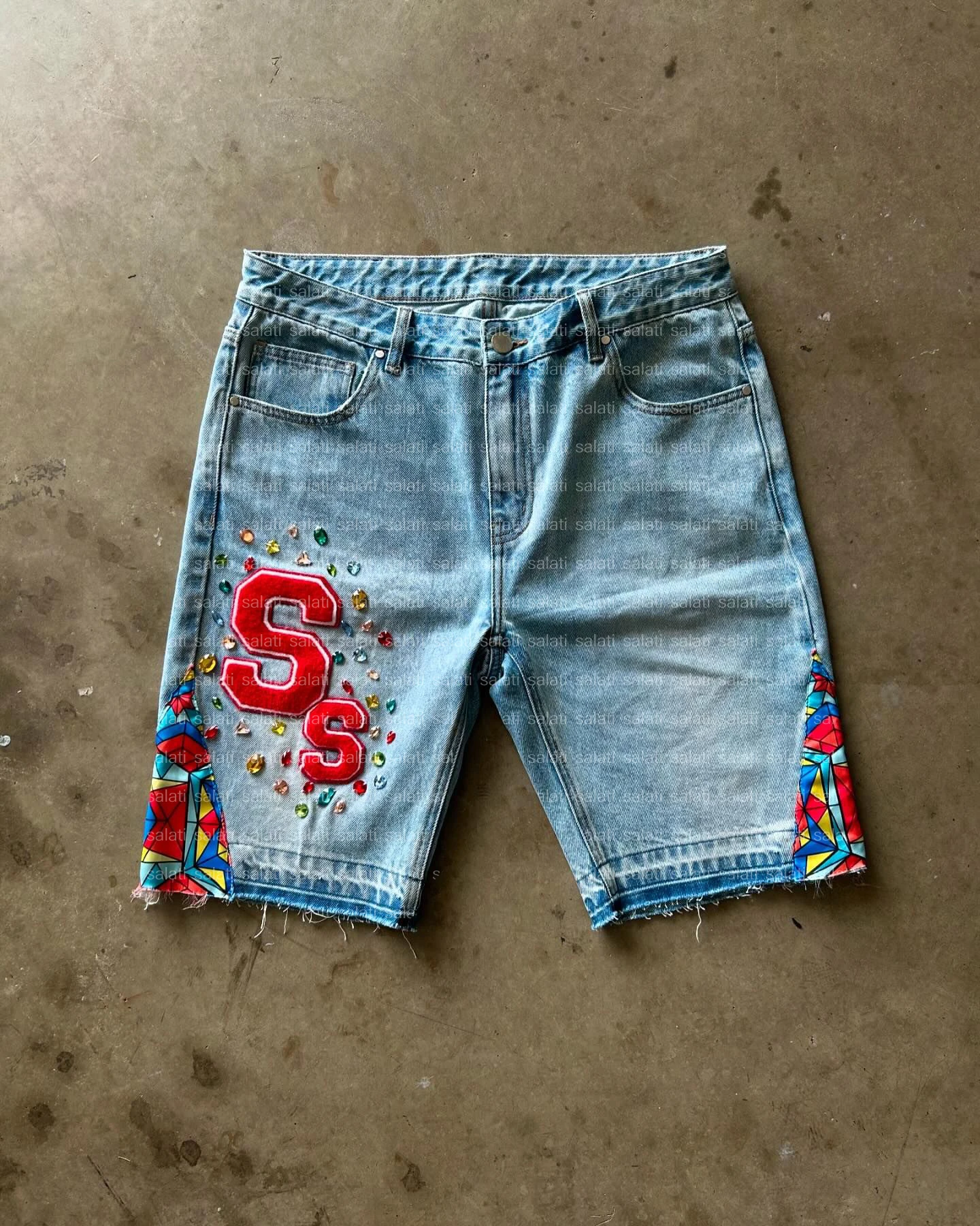 Shorts Manufacturer Summer Cotton Embroidery Rhinestone Print Distressed Vintage Washed Baggy Jeans Denim Shorts Jorts for Men