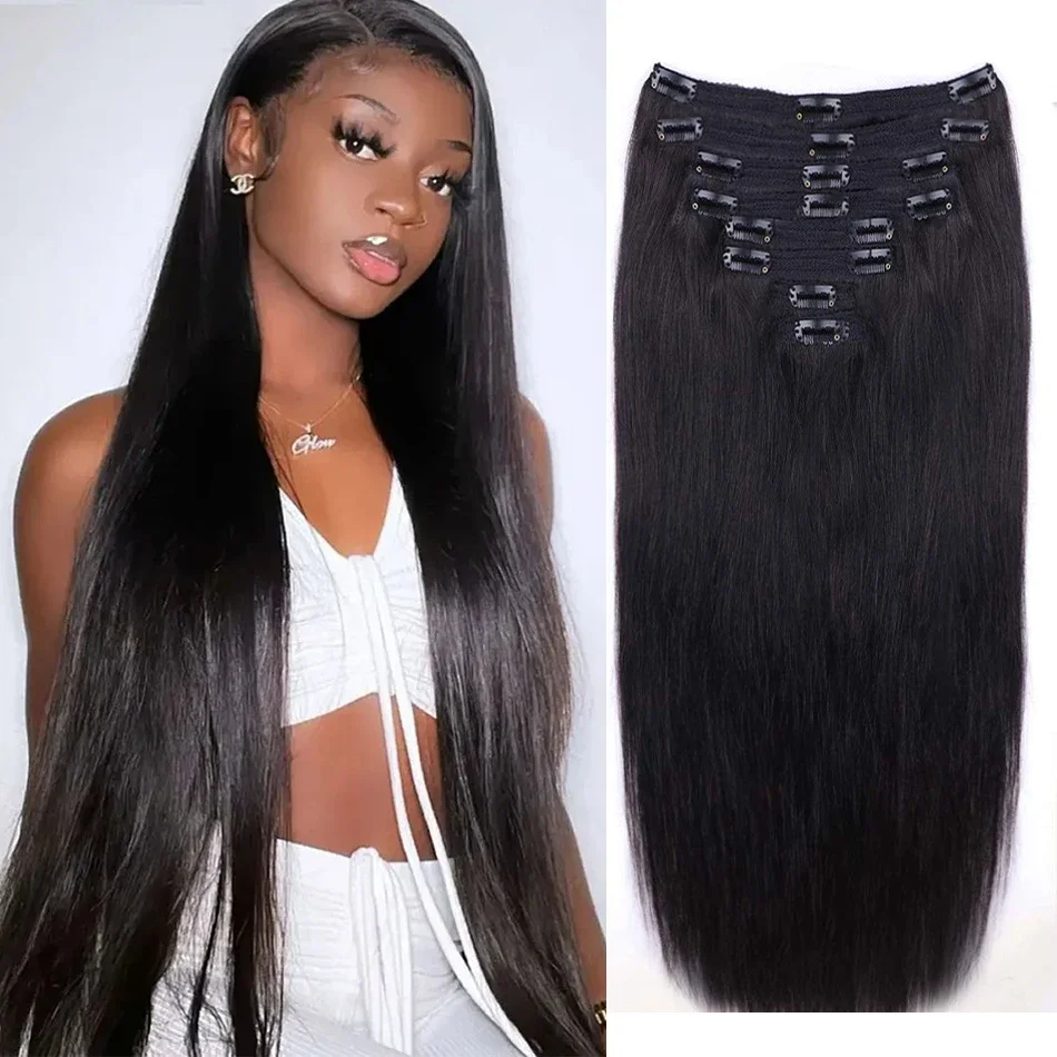 Clip in Hair Extensions Human Hair Brazilian Virgin Natural Straight Seamless Clip ons 1B_voghion.com