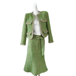 Customize Light Luxury Style Heavy-Duty Woven Tassel Tweed Bow Anti-Wrinkle Regular Fit Slimming Midi Shirt Two-Piece Set