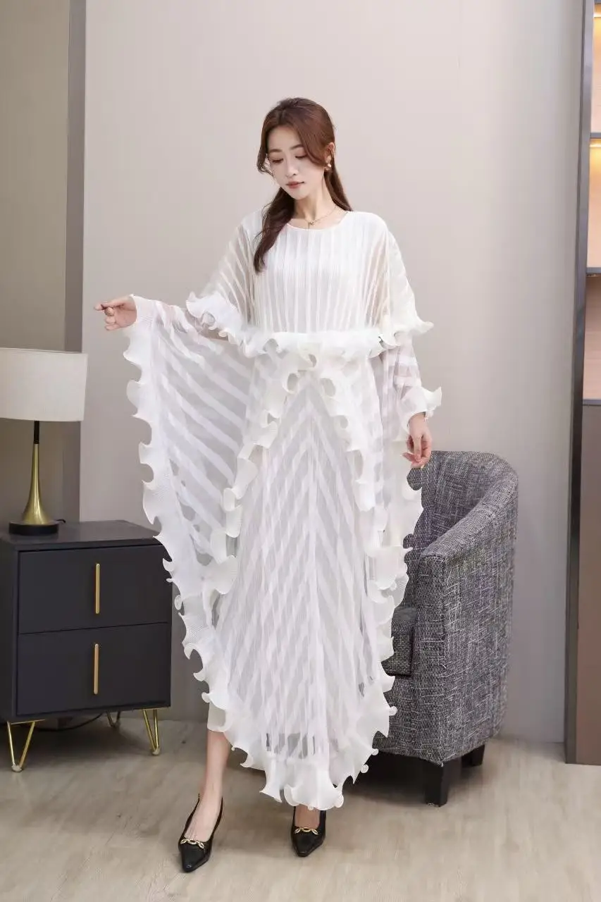 Hot Selling Solid Color Pleated Batwing Sheer Layer Sleeves Casual for Fat  Ladies Fashion Summer African Miyakie Pleated Dresses