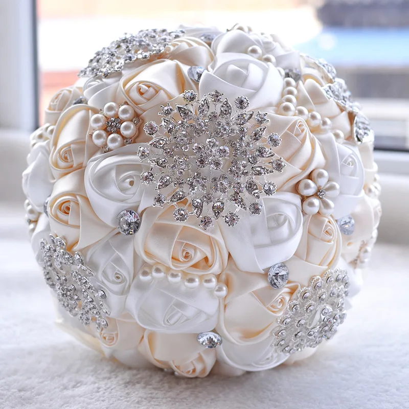Wedding Flowers Gift Beige Rose Pearl Crystal Brooch Bride Bridesmaid Bouquet 