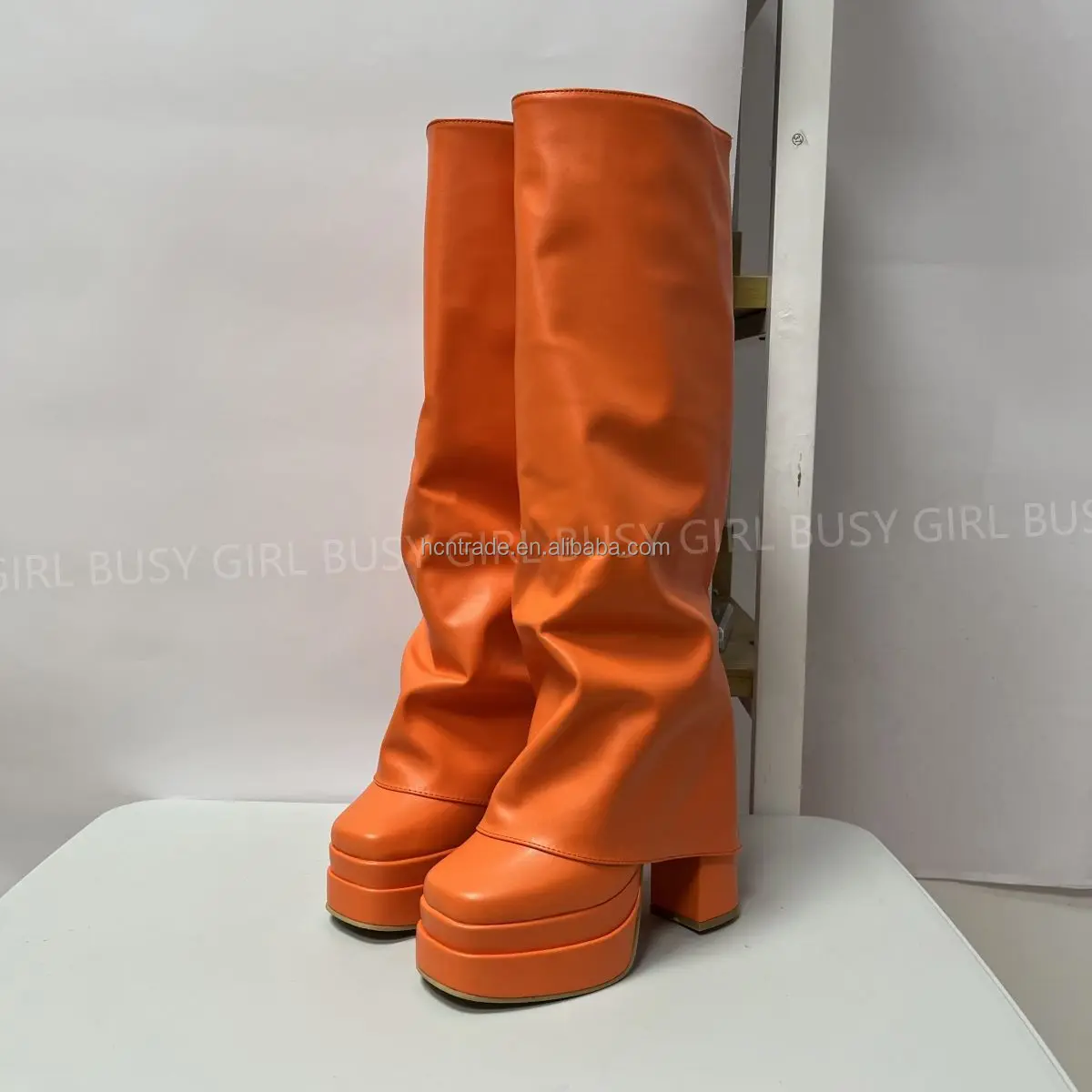 Busy Girl Orange White Leather Knee High Boots For Women Double Platform Chunky High Heels