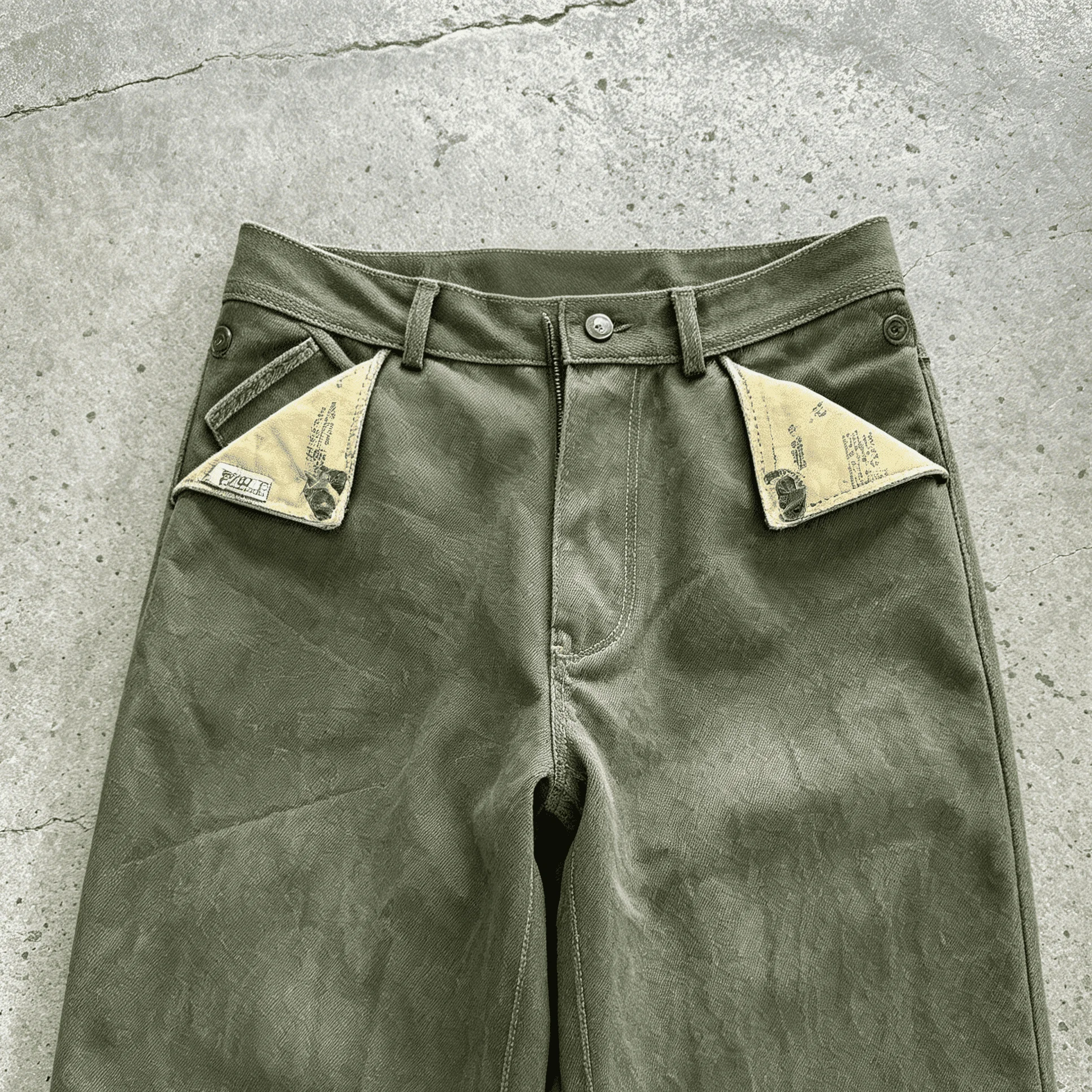 Wholesale Custom Logo Heavyweight Mens Olive Green Loose Streetwear Bootcut Flip Pocket Rear Adjustable Buckle Denim Jeans gallery 4