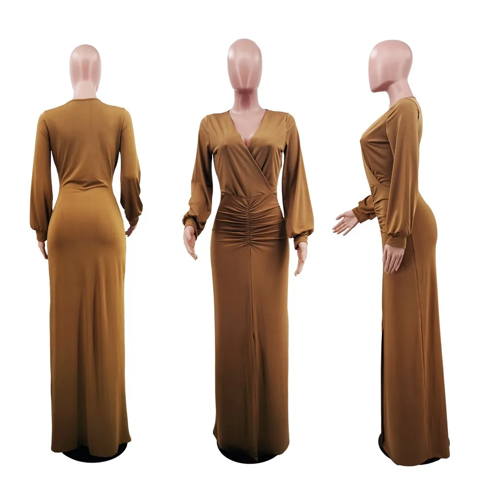 Solid Cheaper Pleated Women Modest Evening Dresses V Neck Long Sleeve Maxi Dress Night Elegant Dresses for Women Cocktail