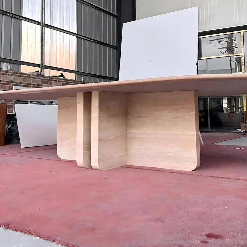 Meja Makan Travertine Modern dengan Kaki L Bentuk yang Dapat Disetel serta Desain Portabel