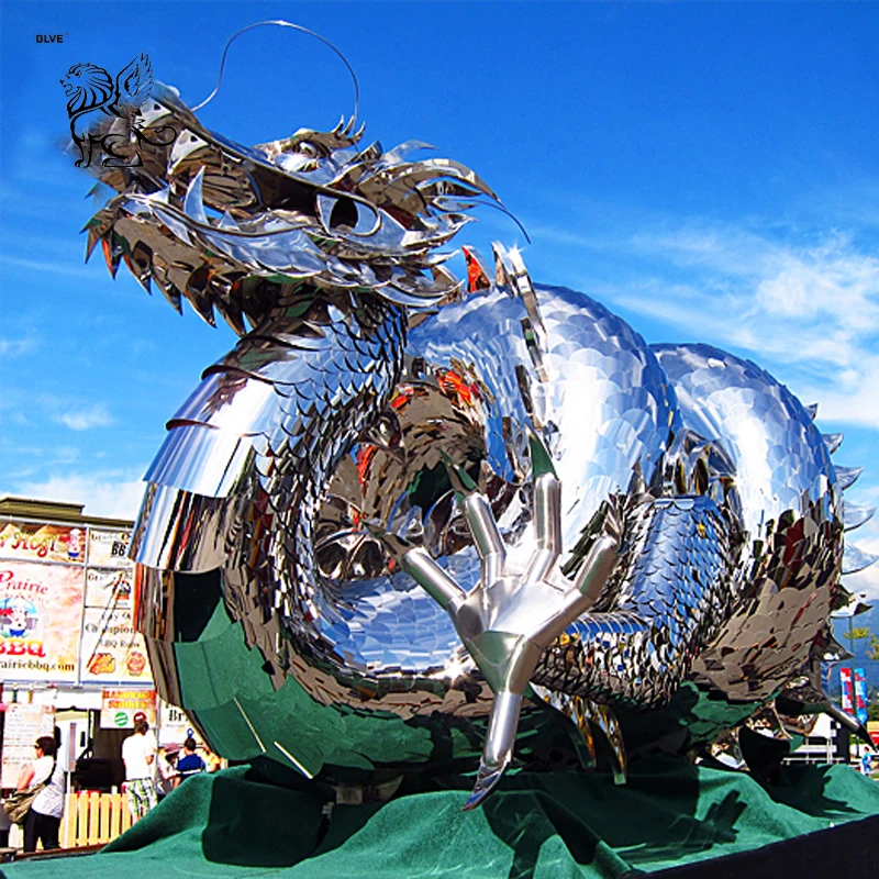 en plein air grand métal poli art abstrait animaux statues en acier  inoxydable chinois dragon sculpture pour décor de jardin