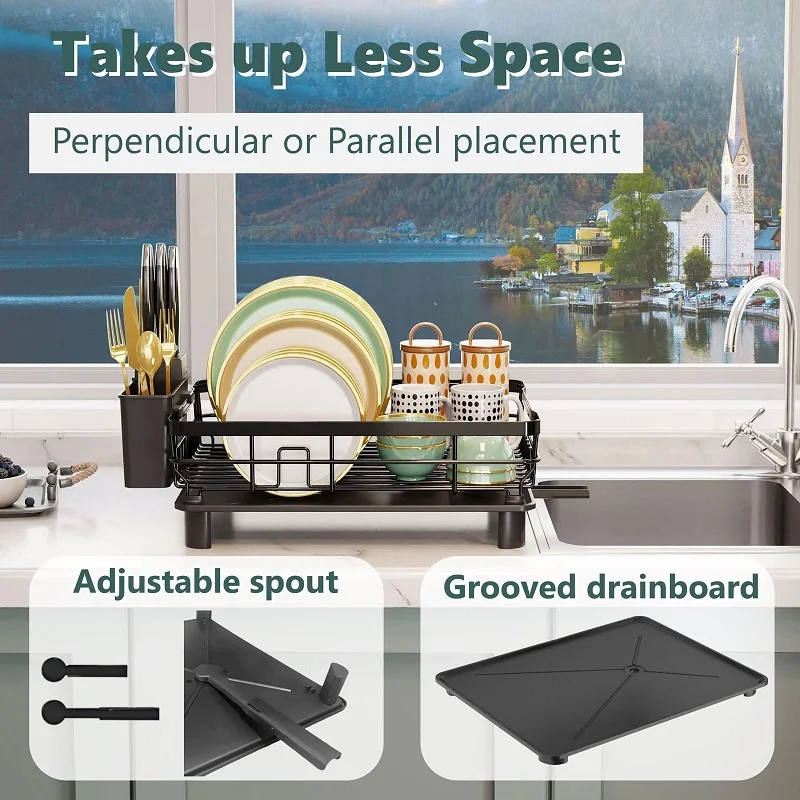 Dish Drying Rack with Drainboard Countertop Sink Adjustable Spout Dish Strainers with Utensil Holder and Knife Slots Dish Rack