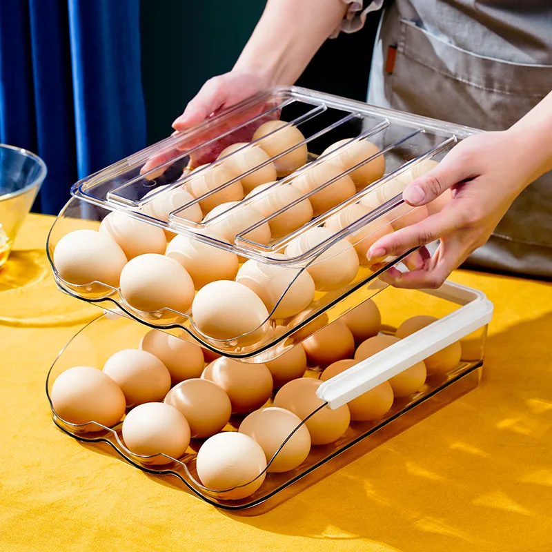 Household egg tray Kitchen refrigerator egg container Food preservation storage box Multi-layer roll-on egg carton with lid