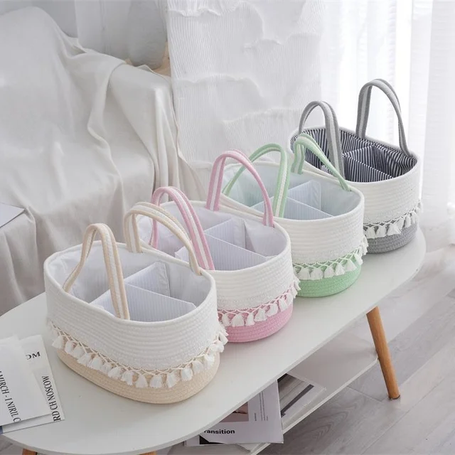 Portable Hand-Woven Cotton Rope Diaper Basket with Tassel for Toy Storage and Compartment Removable Feature