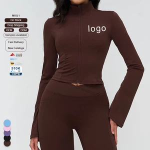 Autumn Winter Women Yoga Jacket Stand Collar Zipper Thumb Holes Fleece Lined Windproof Slim Fit Four Way Stretch Workout Top