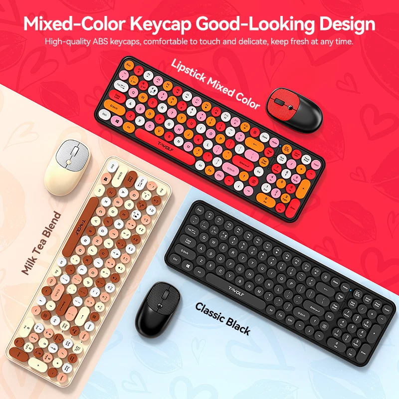 TWOLF TF350 Wireless Keyboard and Mouse Combo Colorful Keyboard Mouse Set with Round Keycaps Cute Wireless Mouse for Laptop PC