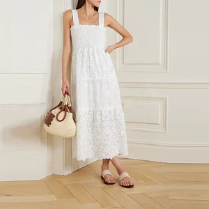 Clothing Manufacturer Custom Spring Summer White Square Neck Sleeveless Elegant Casual Women Lace Ramie Midi Dress