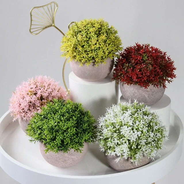 Small Plant Artificial Plastic Leaves in Pot Faux Tiny Topiary Shrubs Potted Gre