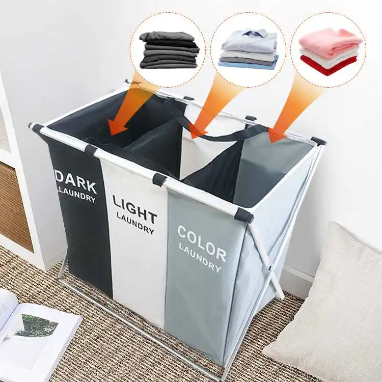 3 Section Laundry Hamper Compartments Foldable Collapsible Canvas Laundry Basket With Metal Rack