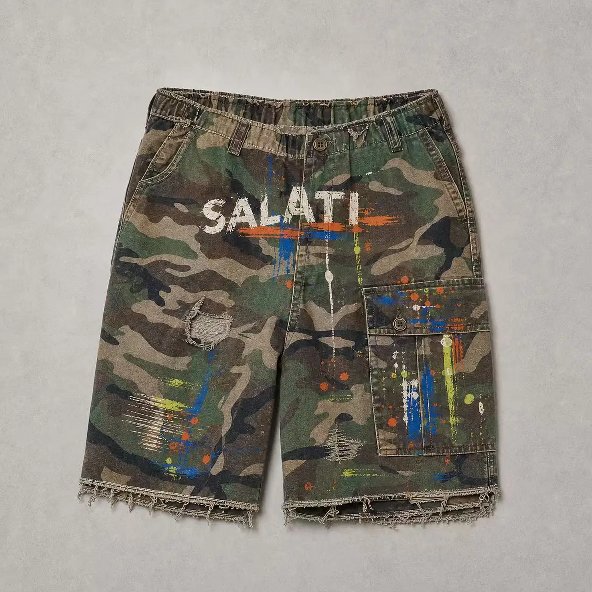 Vintage Graffiti Print Virgin Mary Embroidery Rivet Stud Trim Fray Raw Hem Baggy Denim Jorts Y2K Hip Hop Mens Street Shorts