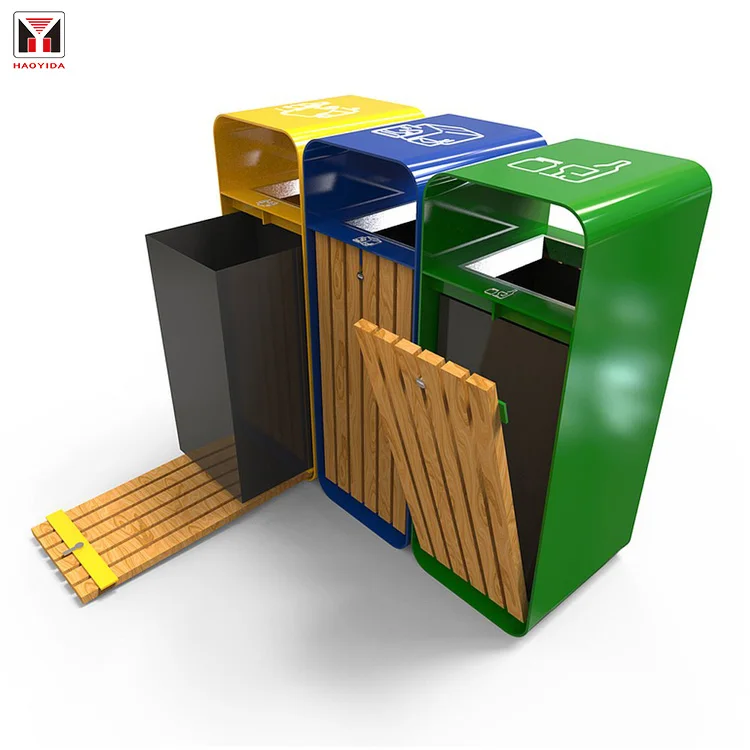 Wholesale Three Compartment Recycle Bin Unique Dustbin Trash Can for City Wooden Dustbin with Lid