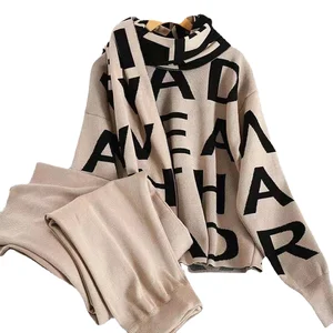 Boutique Sporty Summer Collection Women's Casual O-Neck Jacquard Knitted Sweater Set Wide Leg Pants Printed Waterproof