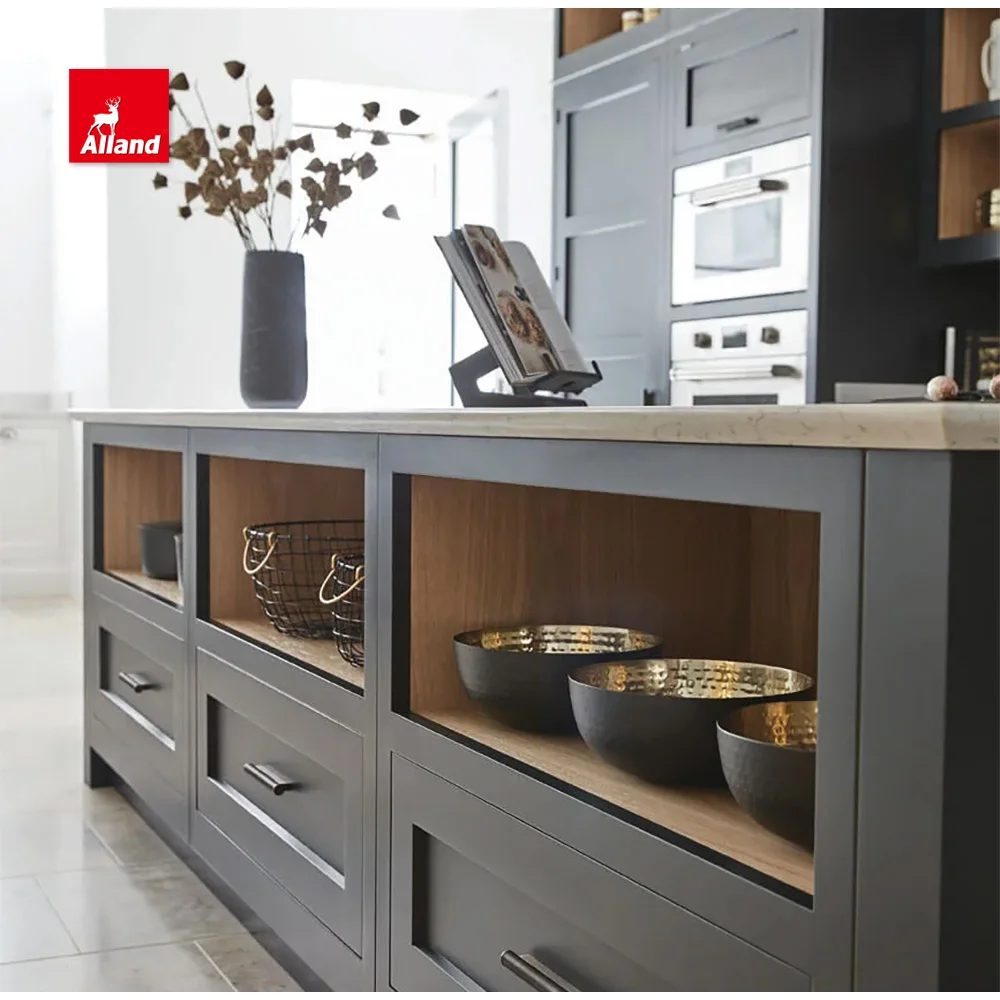 Allandcabinet Transitional Design American Inset Framed Solid Wood Kitchen Cabinet with Open Shelves and Marble Countertop