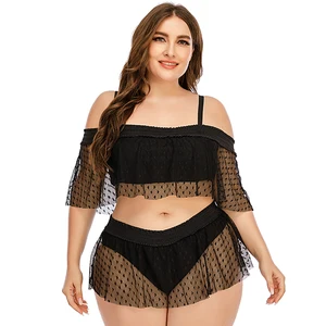 Brand New 5XL Plus Size Swimwear Lace Mesh 2 Piece Black Bikinis Set Beachwear for Fat Women with Large Breast