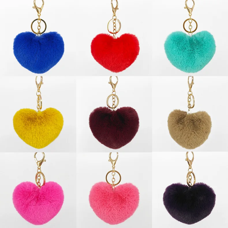 Hot Sale Fake Fur Ball Key Chain Assorted Colors Heart Shape Promotional Bulk  Pom Pom Rabbit Fur Ball Keychain