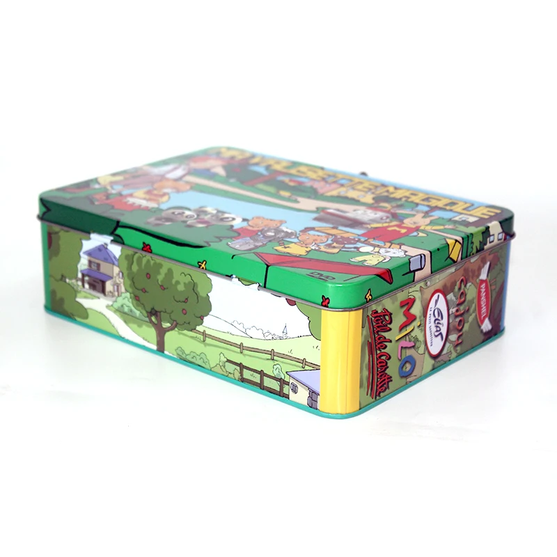 Small Rectangular Hinged Lid Metal Stationery Cosmetics Tin case Beautiful  Lunch Tin Box With Handle for Children