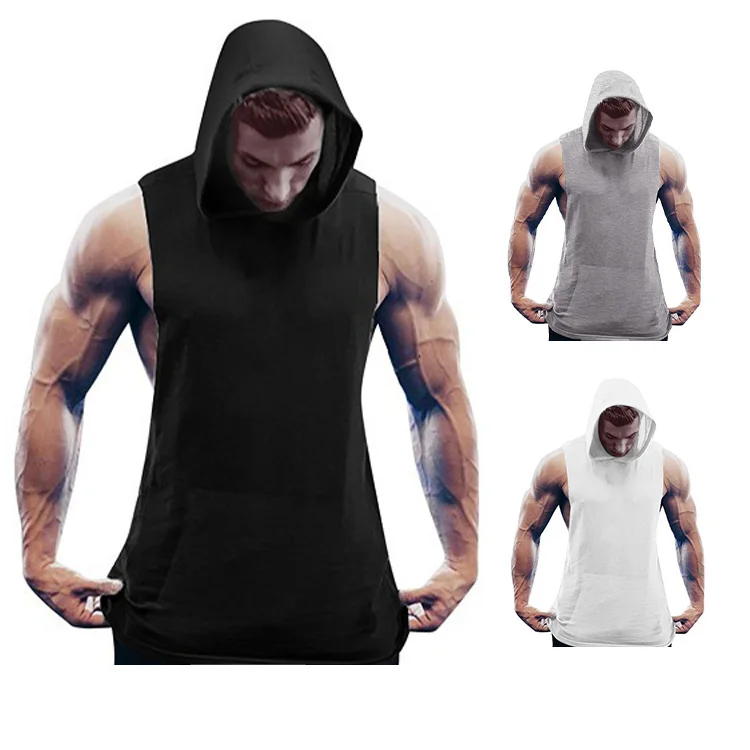 Mens Workout Bodybuilding Hoodies Training Tank Tops Sleeveless Cut Off Gym Hooded Cotton Muscle T-Shirt with Hoods 