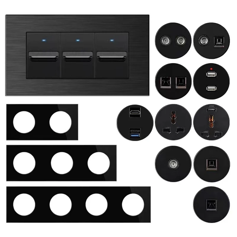 Wholesale Black 145 Type 118 86 Type Brushed Aluminum Panel Smart Wall Light Switch Socket 3