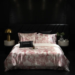 Customize Popular Customized Logo King Size Silky Satin 4pcs Luxury Bedding Duvet Cover Set