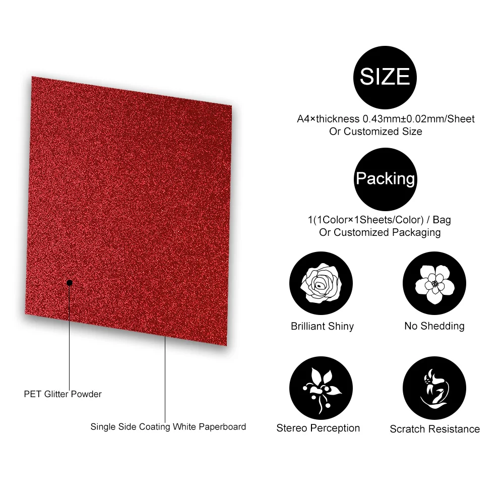 Wholesale Glitter Paper Stock Glitter Cardstock 320gsm A4 39sheets/bag