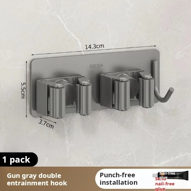 CUSTOM OEM Double Clip Mop Holder Wall Mount Space-Saving Stainless Steel Mop and Broom Holder with Hook Silver