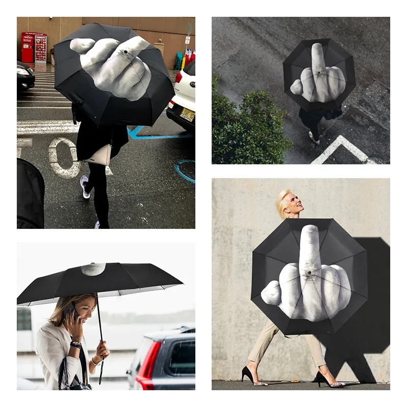 Creative Distinctive Three-Fold Silver Glue Manual Sun Middle Finger Umbrella Stock Folding Travel Classic Design Funny Pattern