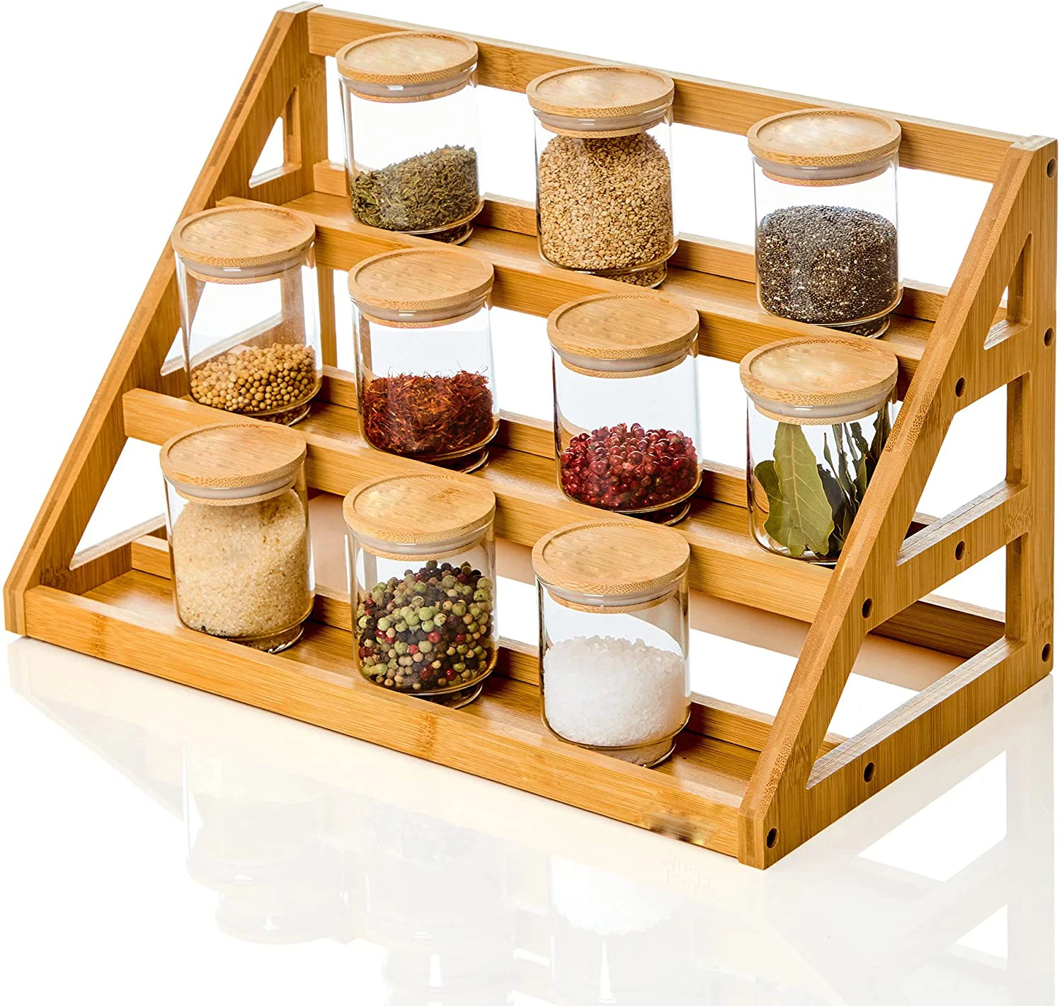 Pinnacle Cookery Bamboo Spice Rack Organizer for Countertop - Eco Friendly  Seasoning Organizer 3-Tier Spice Shelf 