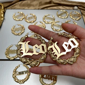 Custom 14k gold plated zodiac sign XOXO bamboo hoop earrings women