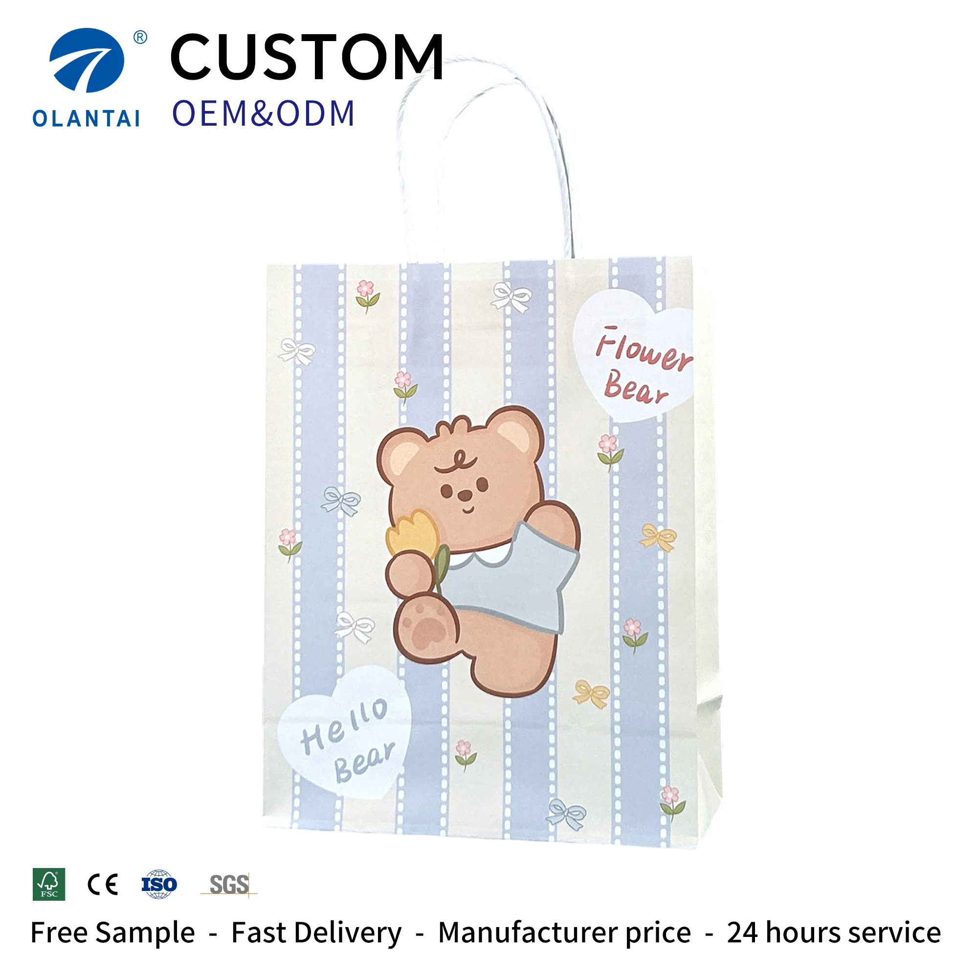 Custom Printed Logo Craft Luxury Recyclable Durable Classic Style Kraft Paper Bag with Ribbon Handle for Baby Food Packaging
