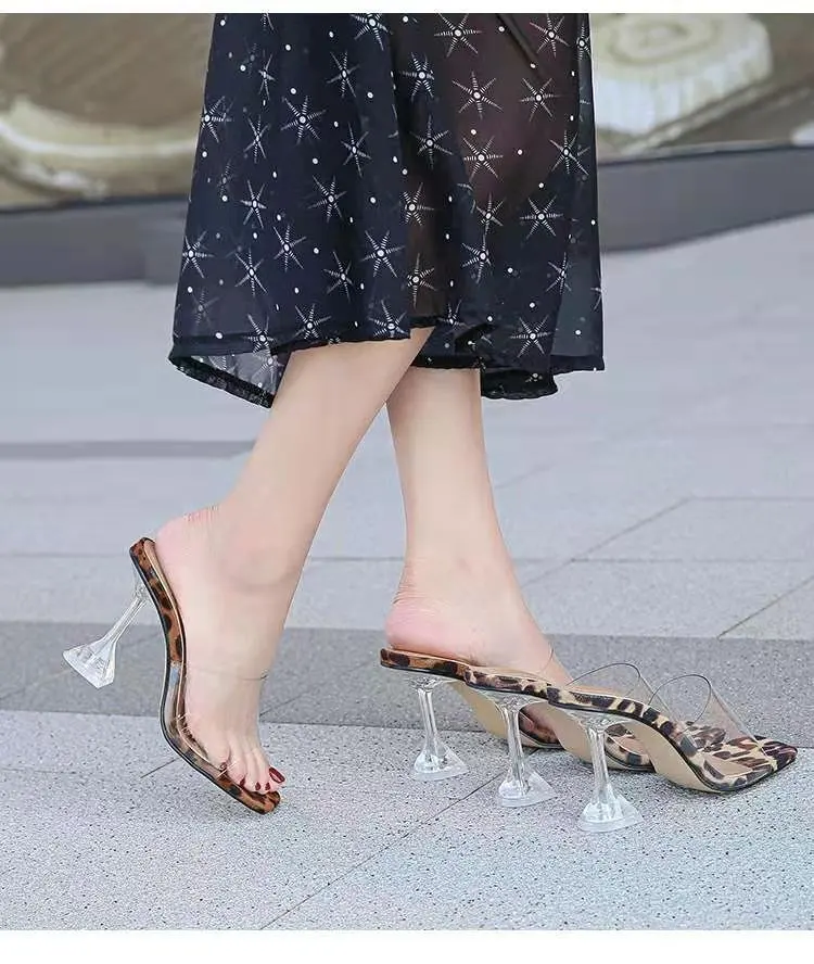 Wholesale 2021 new square toe stiletto fashion sandals and slippers women's  transparent leopard print large size high heels From m.