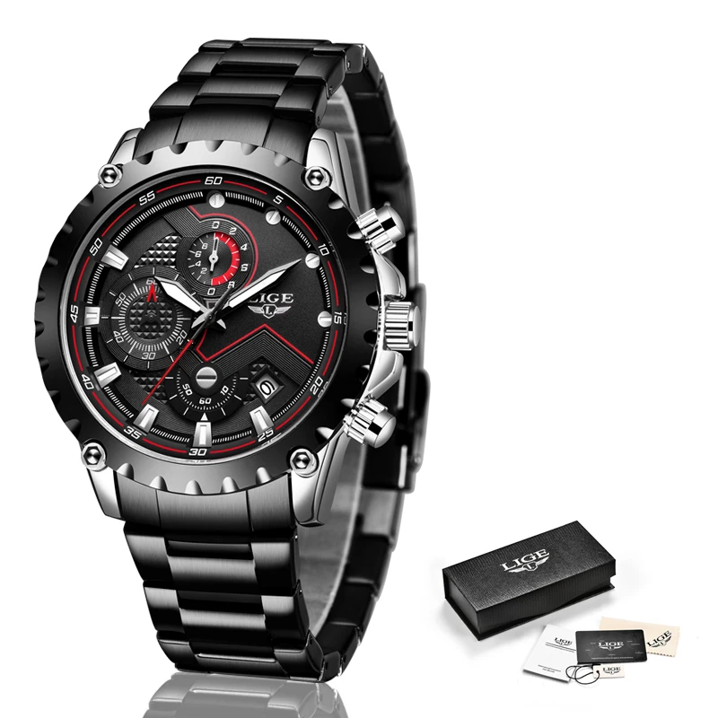 LIGE Watches Mens Fashion Waterproof Stainless Steel Analogue