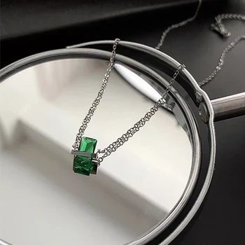 Rectangular Zirconia Emerald Pendant Stainless Steel Necklace