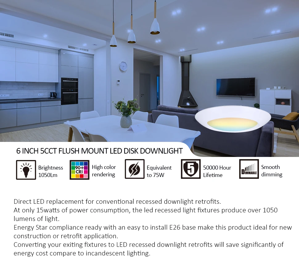 Dimmable Recessed Retrofit Ceiling Light,Cri90,1050lm,15w,Jbox Or