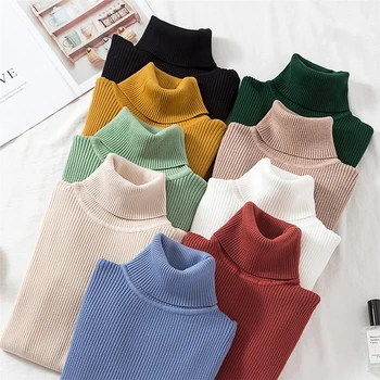 Factory Wholesale Spring Autumn Winter Warm Knitted Tops Ribbed Pullneck Pullover High Neck Turtleneck Sweater For Women