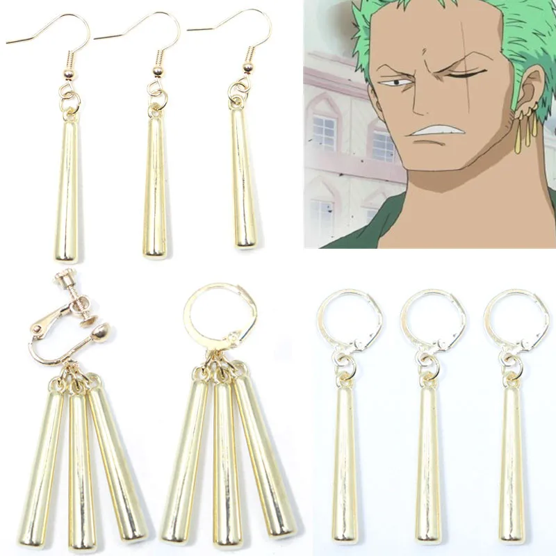 Flongo Orecchini con Pendente Zoro Cosplay: Orecchini da Uomo Donna 3 Pezzi Orecchini Roronoa Colore Oro per Amanti degli Anime