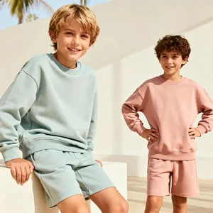 OEM Crewneck Sustainable Fleece Cotton Spandex Drop Shoulder Pullover with Sweat Shorts Lounge Two-Piece Set for Boys Girls