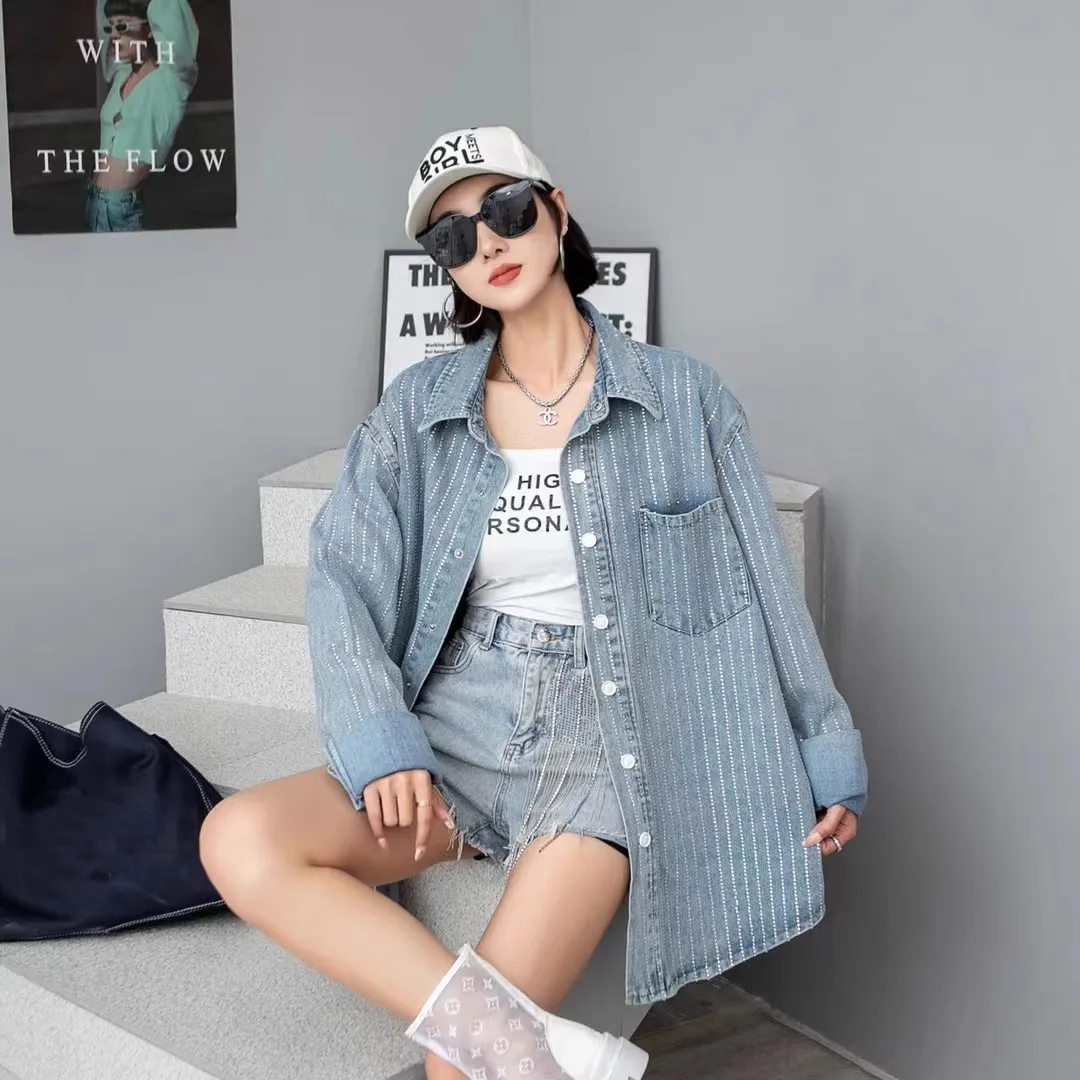 Wholesale 2023 Spring European Striped Crystal Hot Diamond Denim New Loose Casual Versatile Long Sleeve Women's Shirts